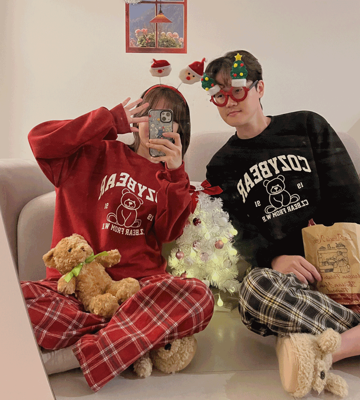 [와인 당일출고] 굿나잇 곰돌이 기모 맨투맨 커플 잠옷 크리스마스 홈웨어